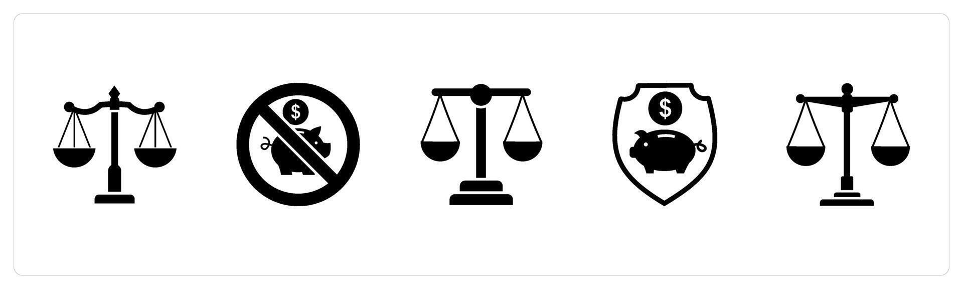 A set of 5 business icons as balance, savings prohibited, legal vector