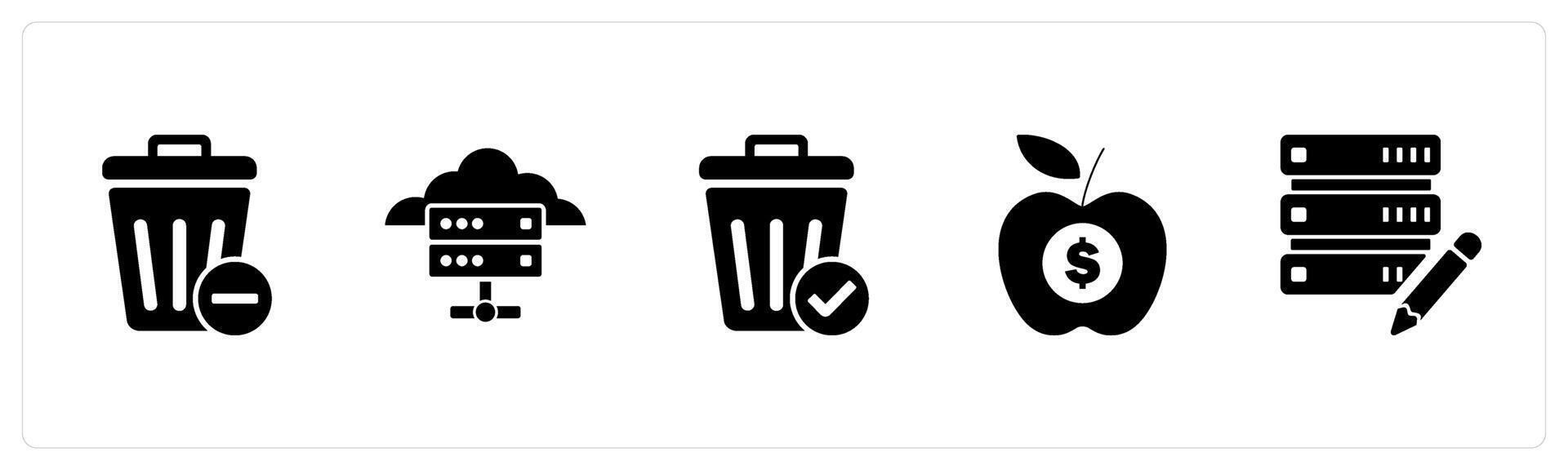 A set of 5 business icons as recycle bin, cloud server, trash bin vector