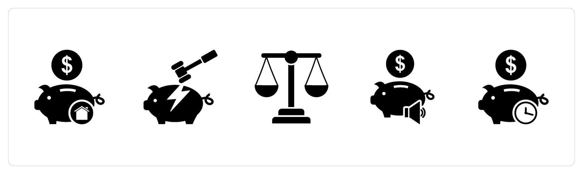 A set of 5 business icons as bank savings, savings broken, legal vector