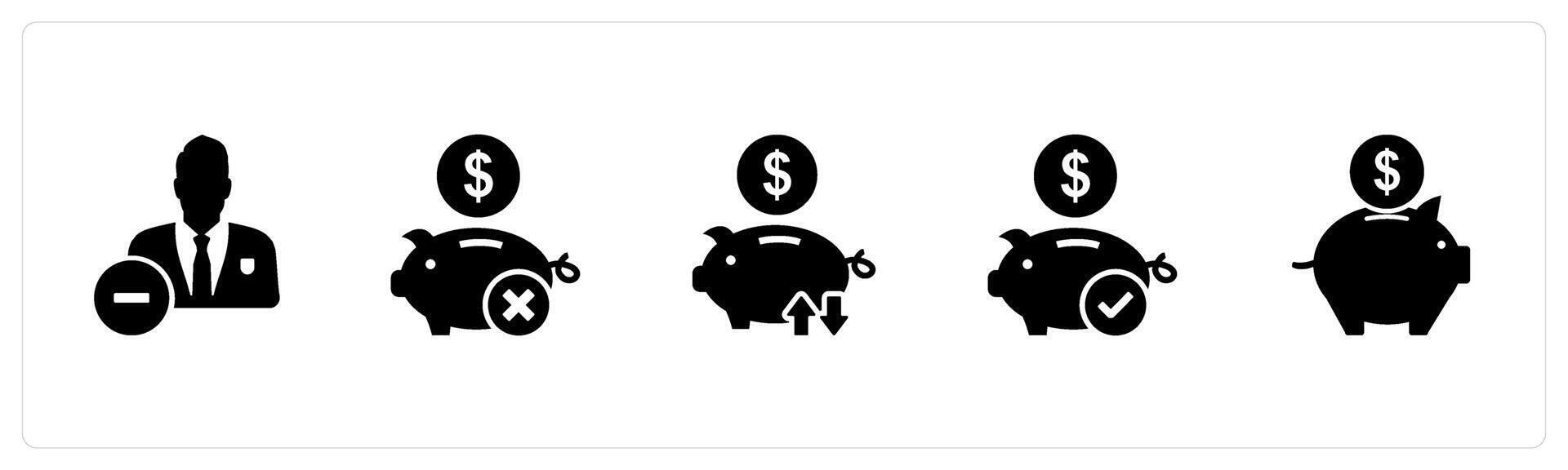 A set of 5 business icons as remove user, remove savings, bank transaction vector