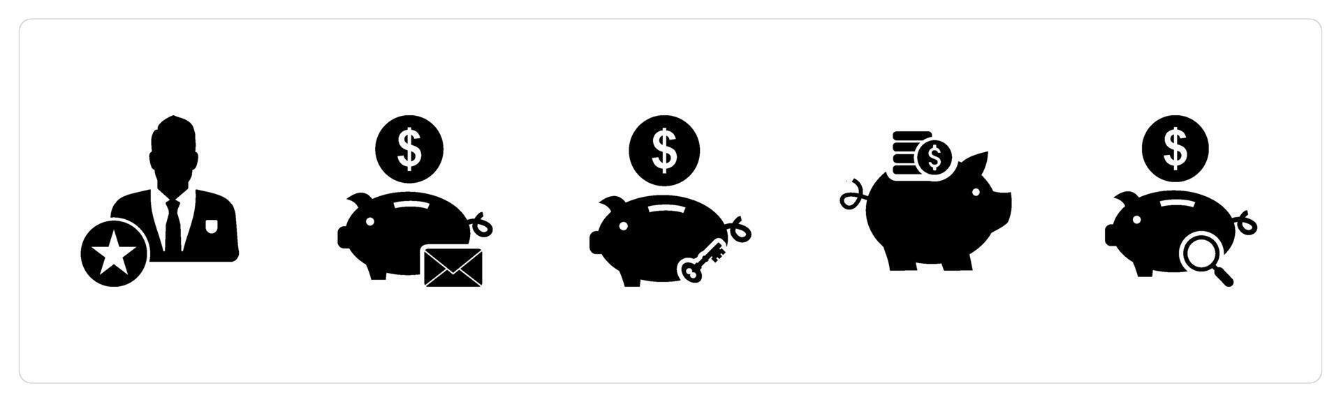 A set of 5 business icons as star employee, savings message, bank savings vector