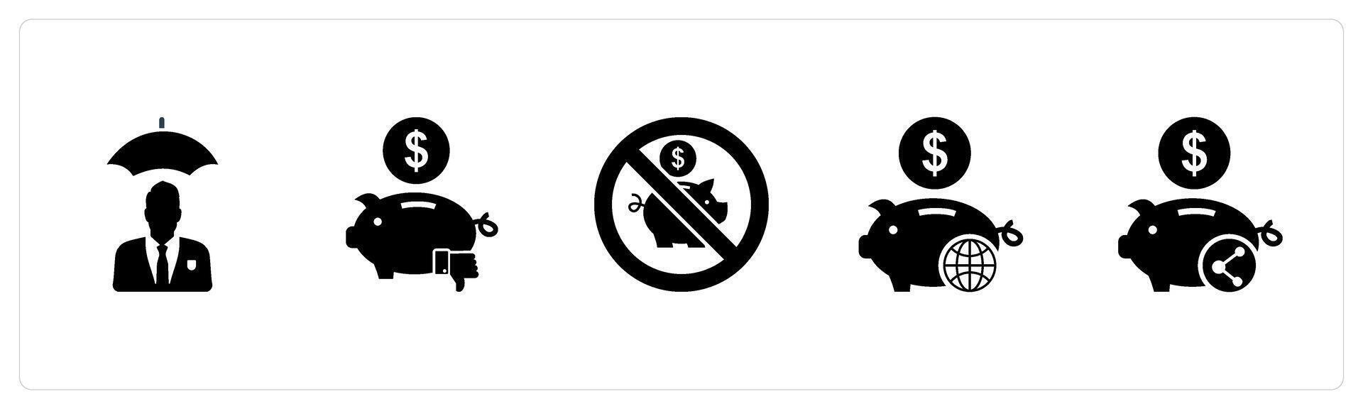 A set of 5 business icons as insurance premium, dislike bank, savings prohibited vector