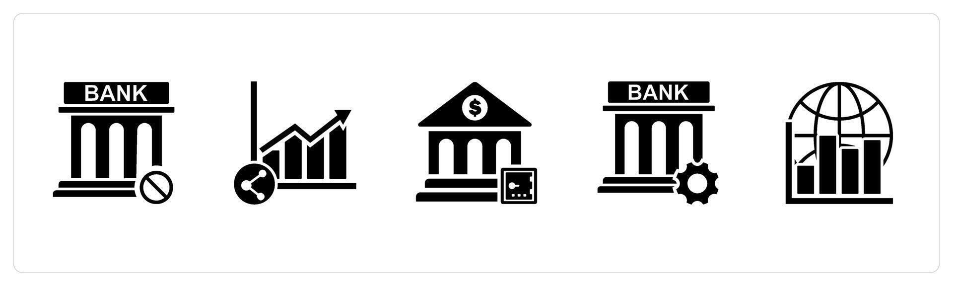 A set of 5 business icons as bank prohibited, share growth, bank locker, vector