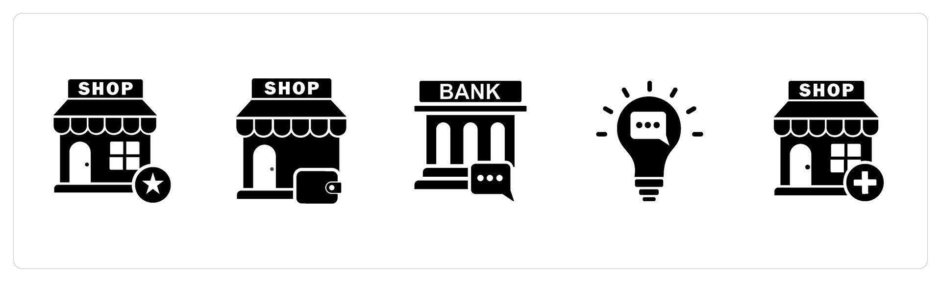 A set of 5 business icons as favorite shopping, shopping store, bank message vector