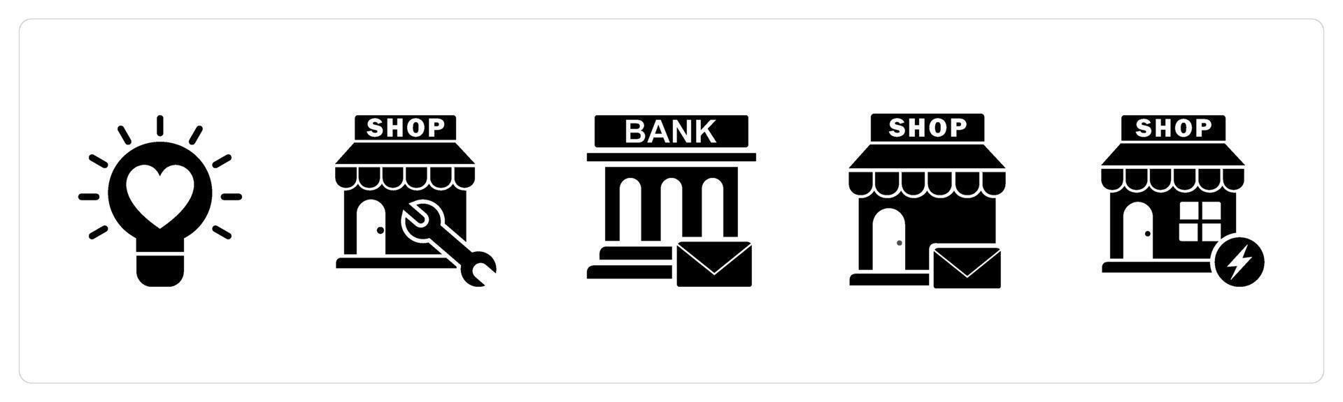 A set of 5 business icons as favorite idea, store repair, bank message vector