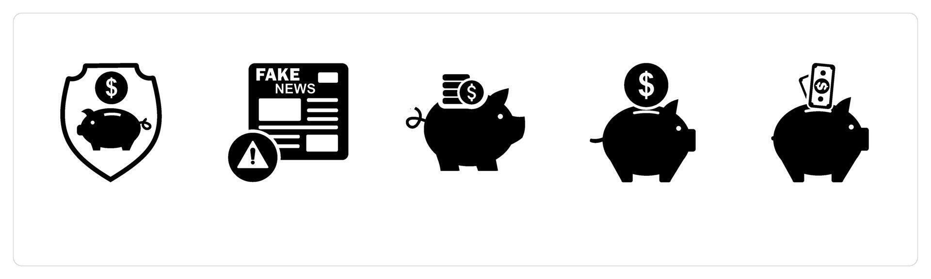A set of 5 business icons as savings security, fake news, savings vector