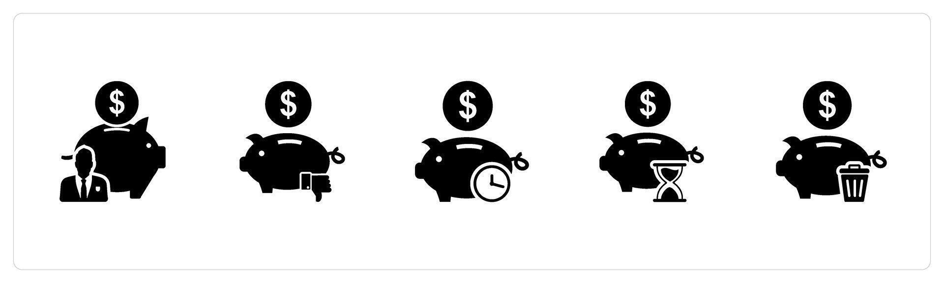 A set of 5 business icons as bank owner, dislike bank, time savings vector