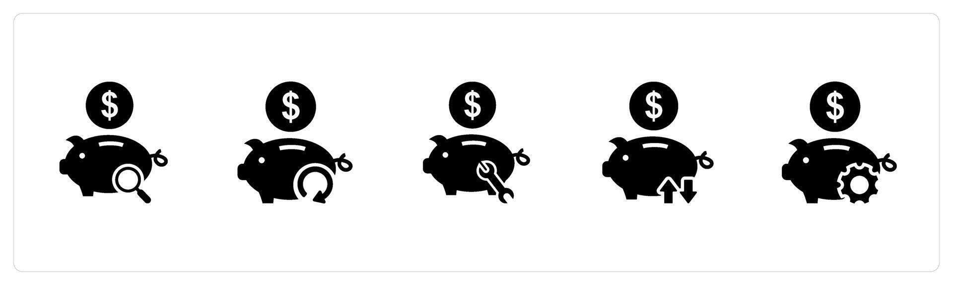 A set of 5 business icons as search savings, update bank, bank repair vector