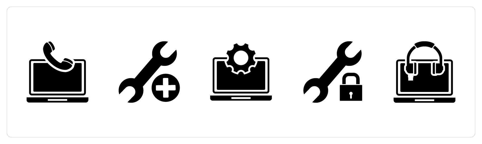 A set of 5 Contact icons as online contacts, add settings, laptop setting vector