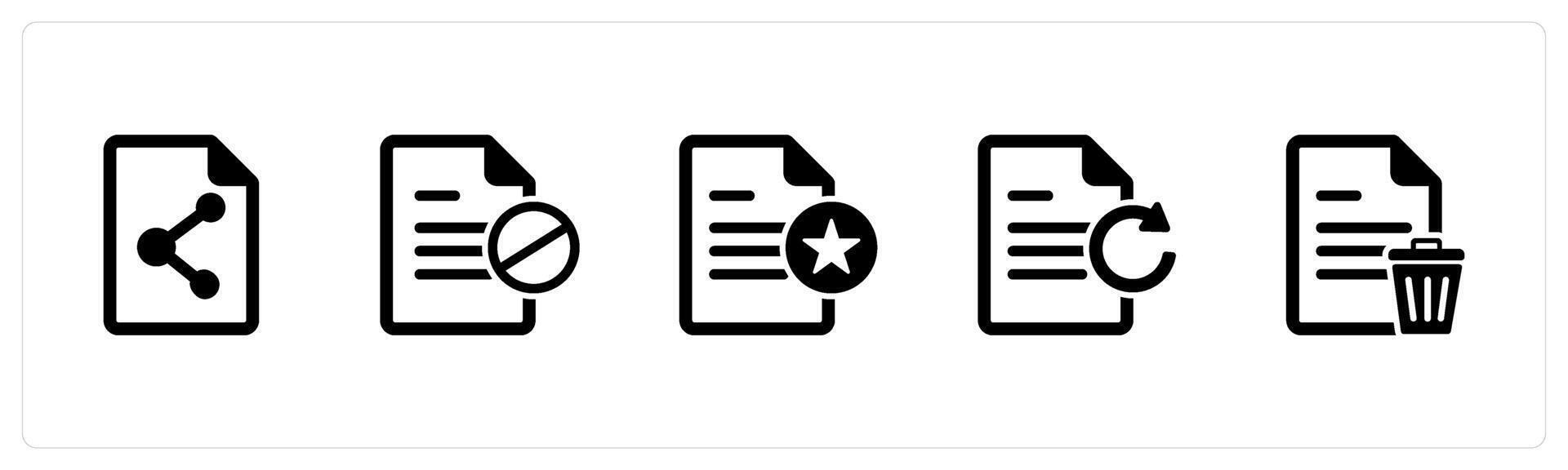 A set of 5 Document icons as share document, document prohibited, favorite document vector