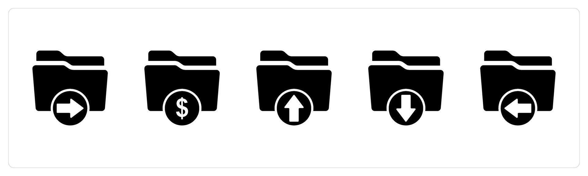 A set of 5 Document icons as search folder, finance folder, upload folder vector