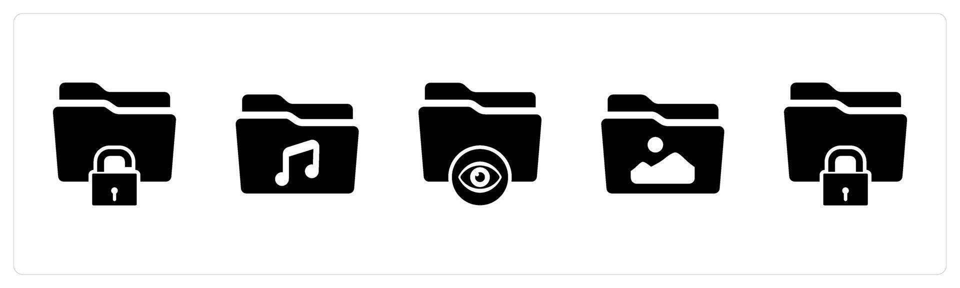 A set of 5 Document icons as folder security, music folder, view folder vector