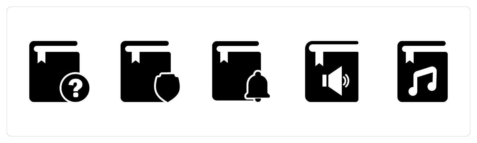 A set of 5 Document icons as question book, book protection, book notification vector