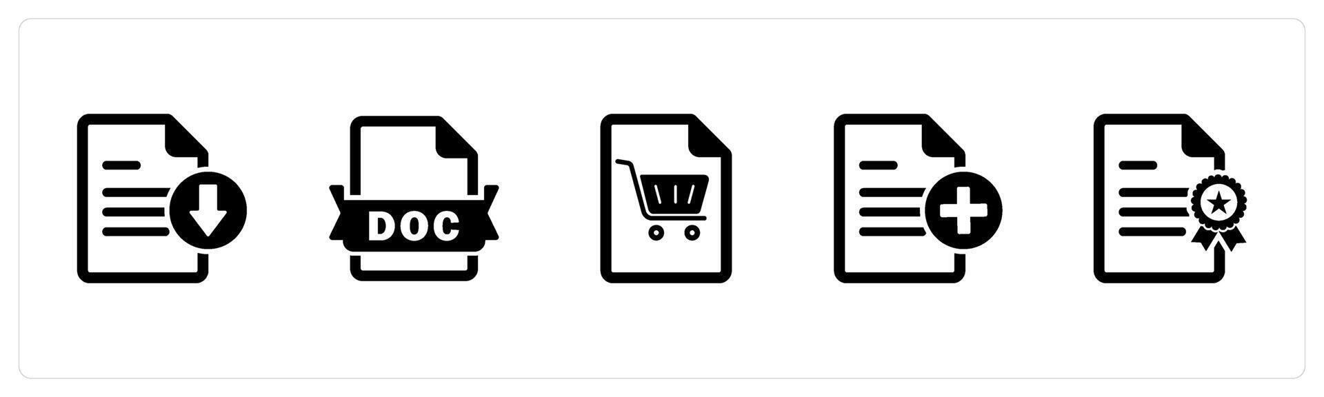 A set of 5 Document icons as download file, doc file, shopping list vector