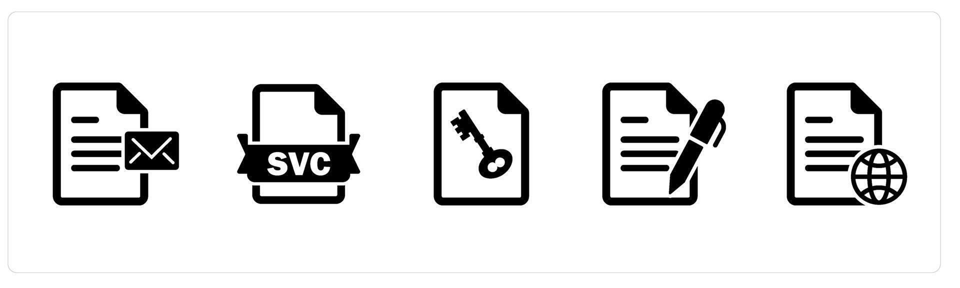 A set of 5 Document icons as document, svg file, page security vector