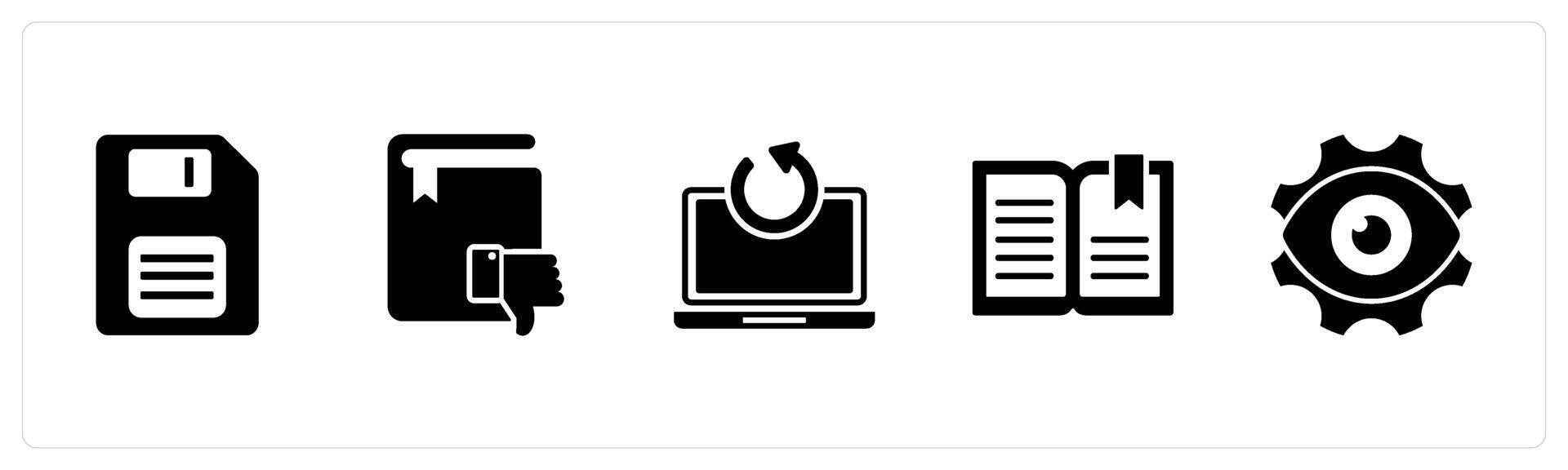 A set of 5 Document icons as memory card, dislike book, update laptop vector