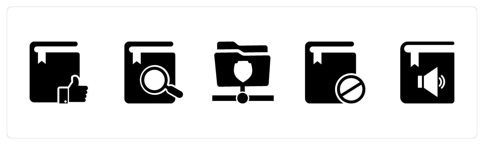A set of 5 Document icons as approved book, search book, folder protection vector