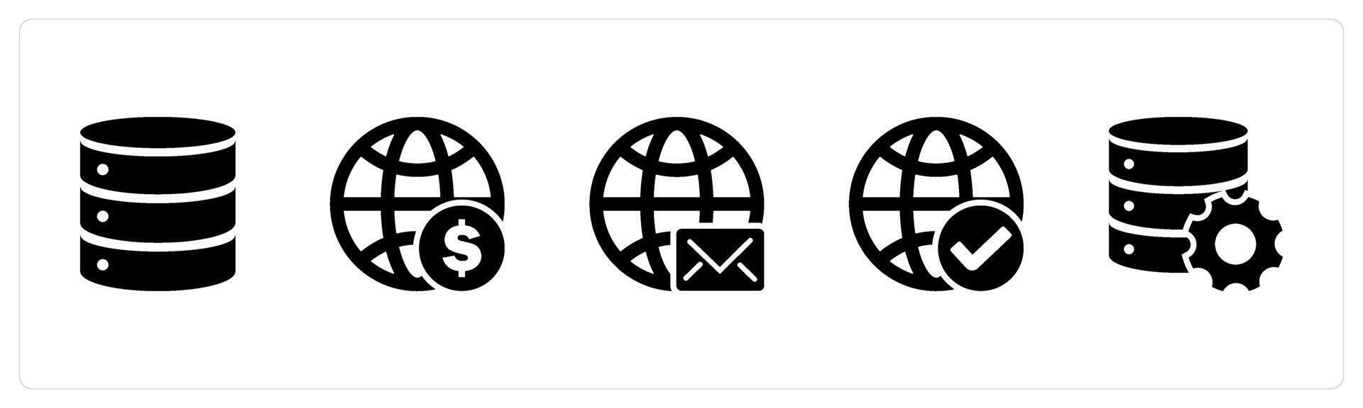 A set of 5 Internet icons as server, financial global, global message vector