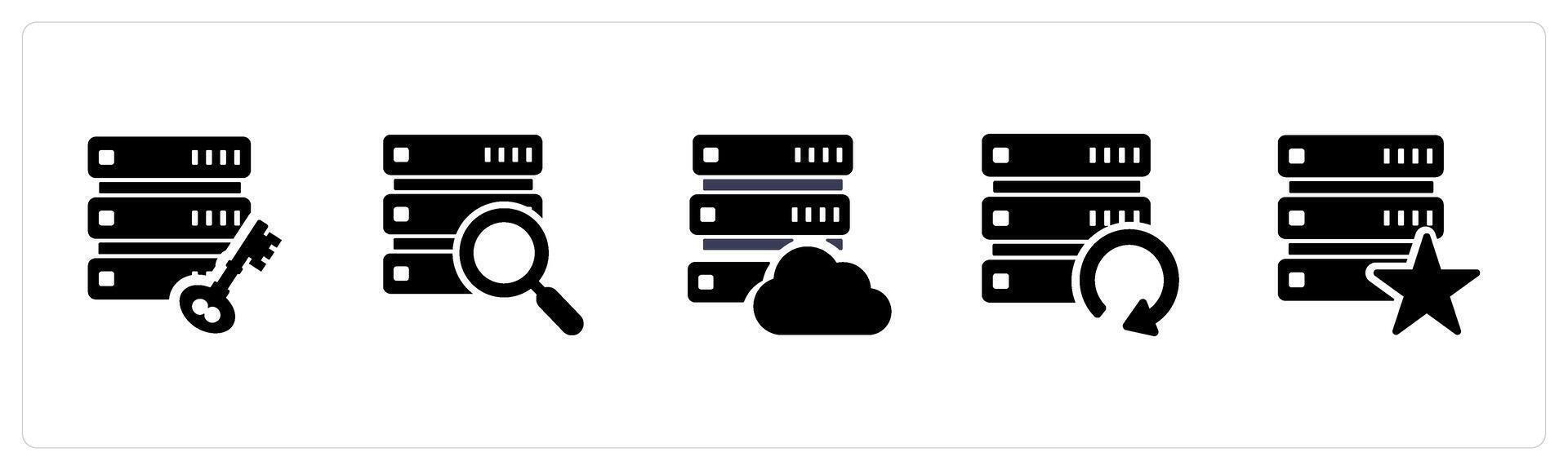 A set of 5 Internet icons as server protection, search database, cloud server vector