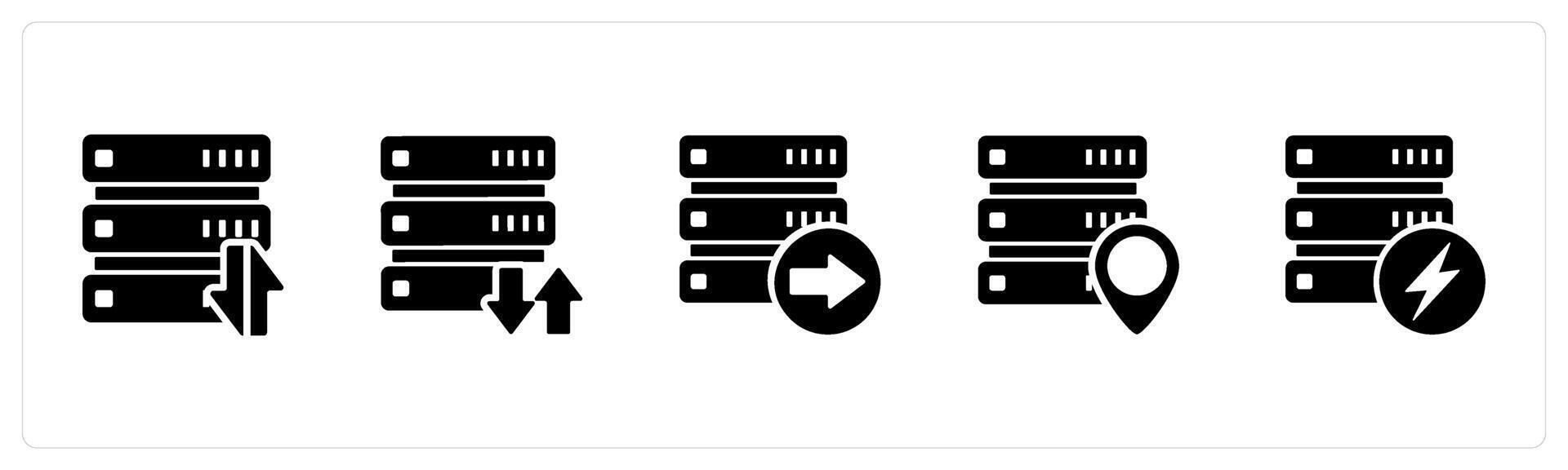 A set of 5 Internet icons as synchronize server, send server, server location vector