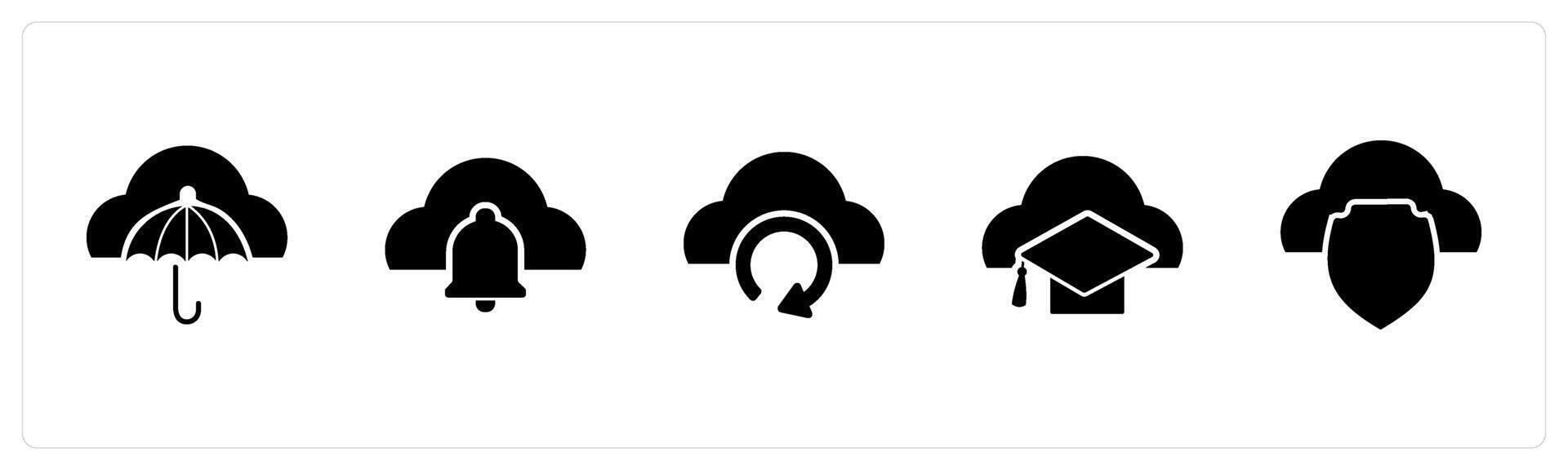 A set of 5 Internet icons as cloud insurance, cloud notification, update cloud vector