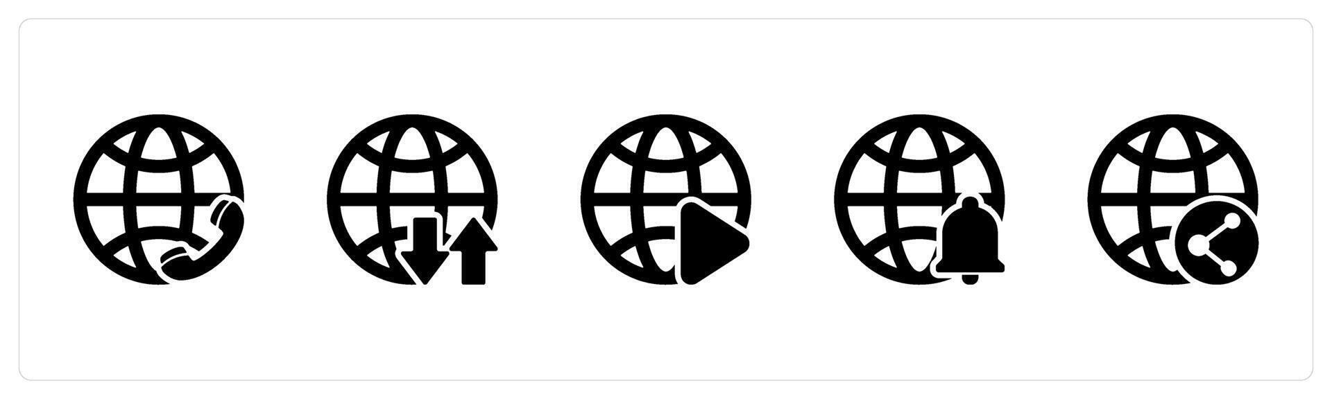A set of 5 Internet icons as international call, global synchronize, global vector