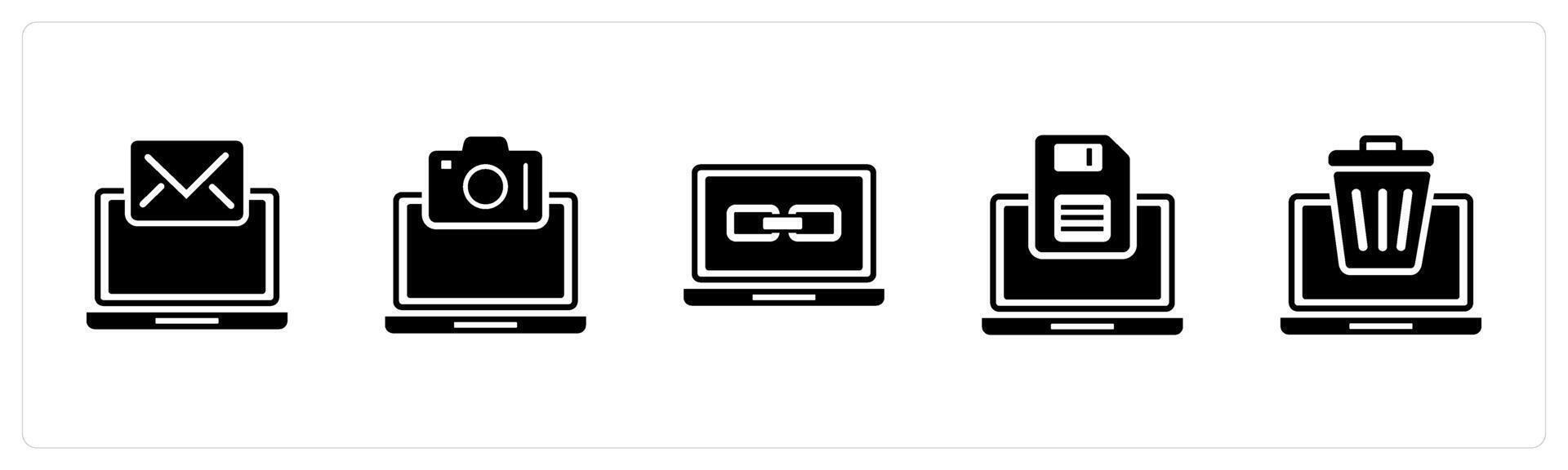 A set of 5 Internet icons as online conversation, online photography, link laptop vector