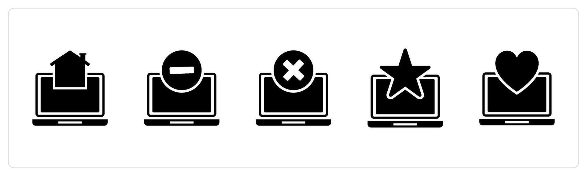 A set of 5 Internet icons as home laptop, remove laptop, wrong laptop vector