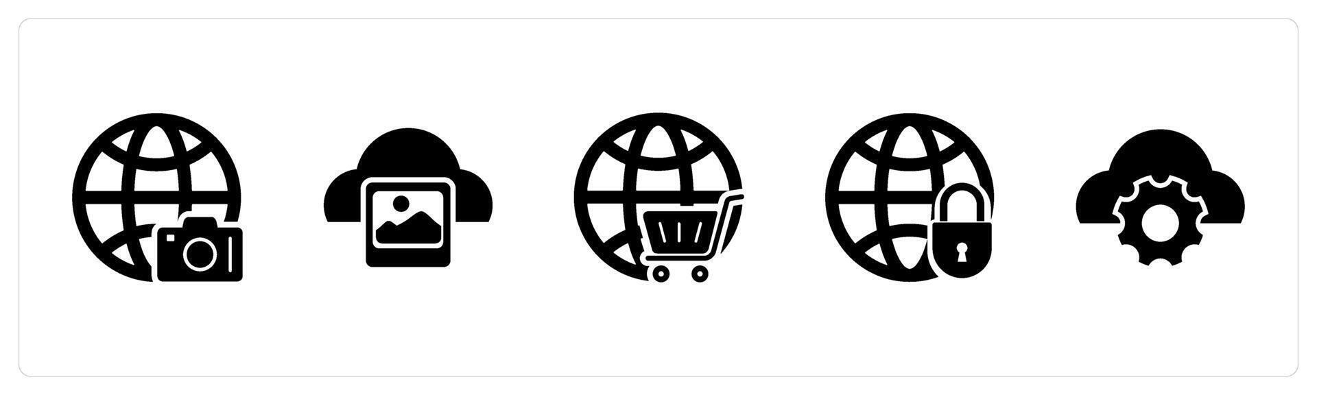 A set of 5 Internet icons as global image, cloud image, global cart vector