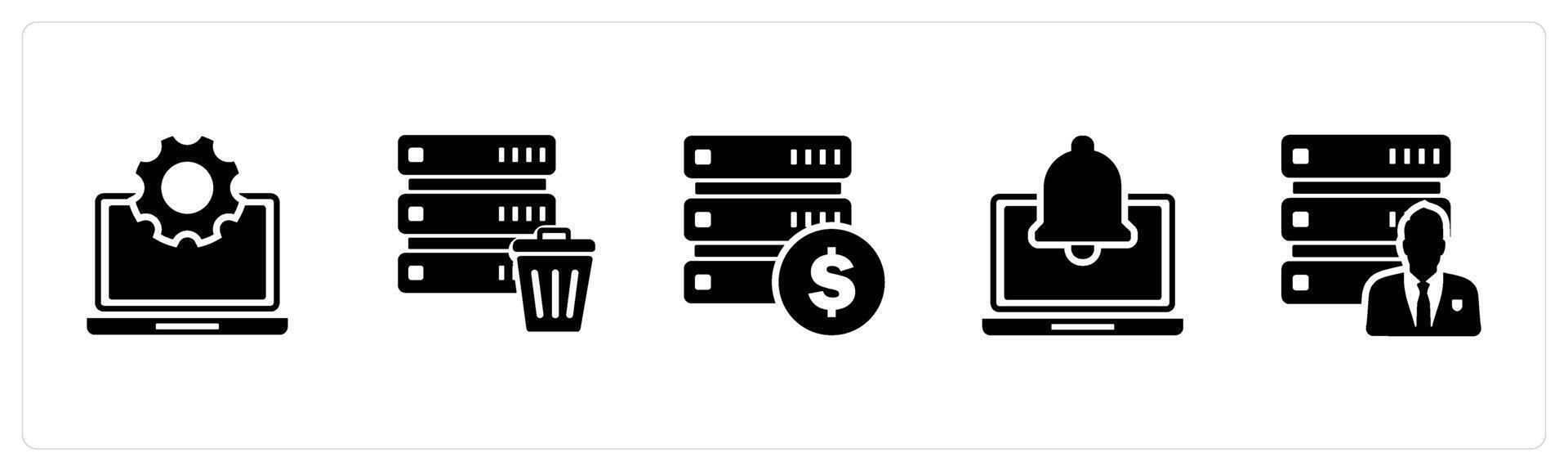 A set of 5 Internet icons as laptop settings, trash server, finance server vector