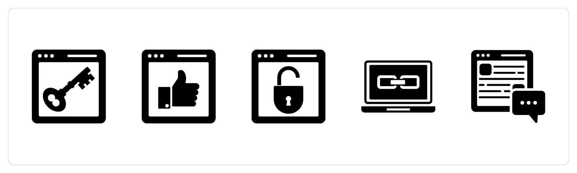 A set of 5 Internet icons as webpage protection, like webpage, link laptop vector