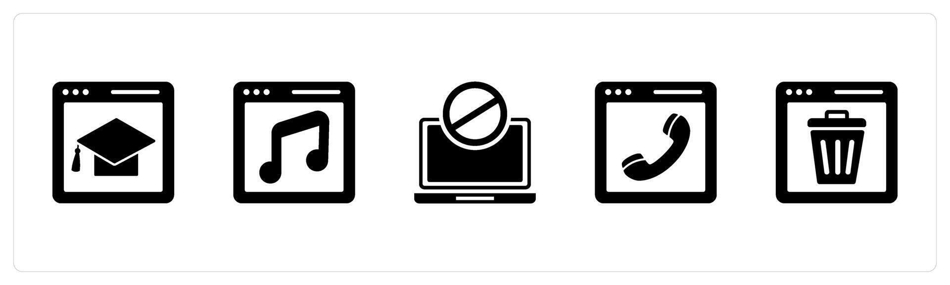 A set of 5 Internet icons as online education, online music, laptop prohibited vector