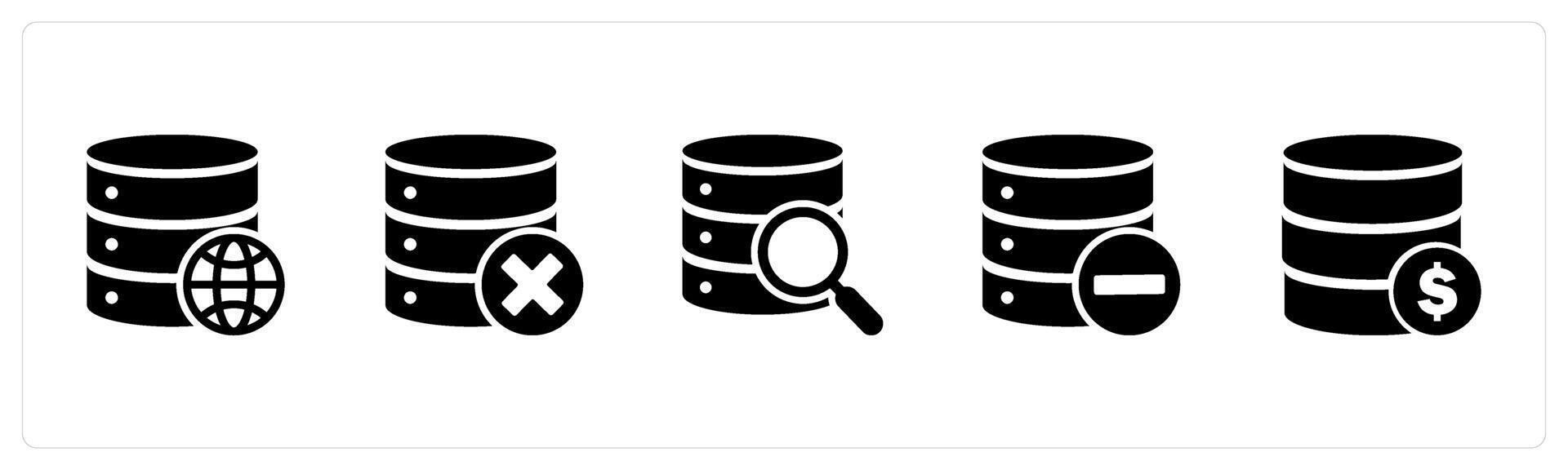 un conjunto de 5 5 Internet íconos como global servidor, incorrecto servidor, eliminar servidor vector