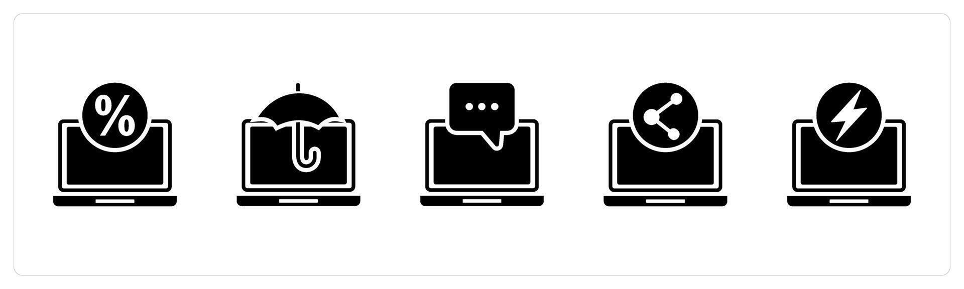 A set of 5 Internet icons as online shopping, laptop insurance, online conversation vector