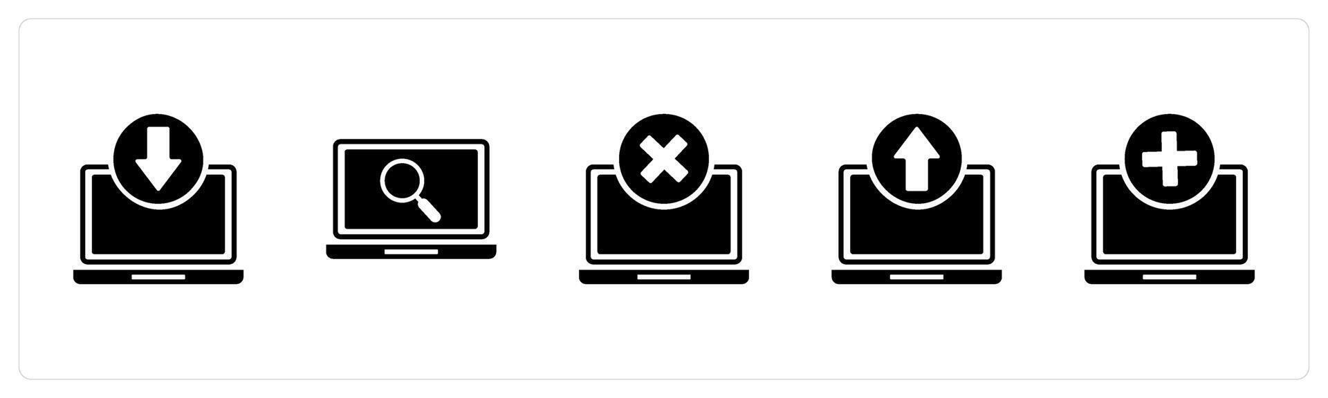 A set of 5 Internet icons as download laptop, laptop search, wrong laptop vector