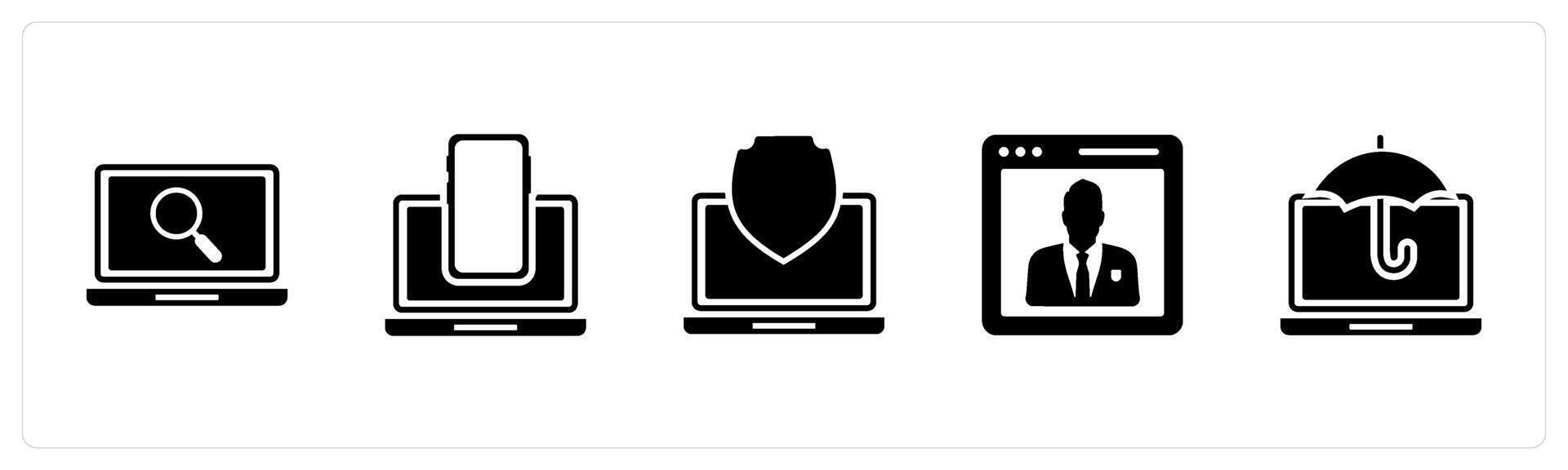 A set of 5 Internet icons as laptop search, responsive, laptop security vector