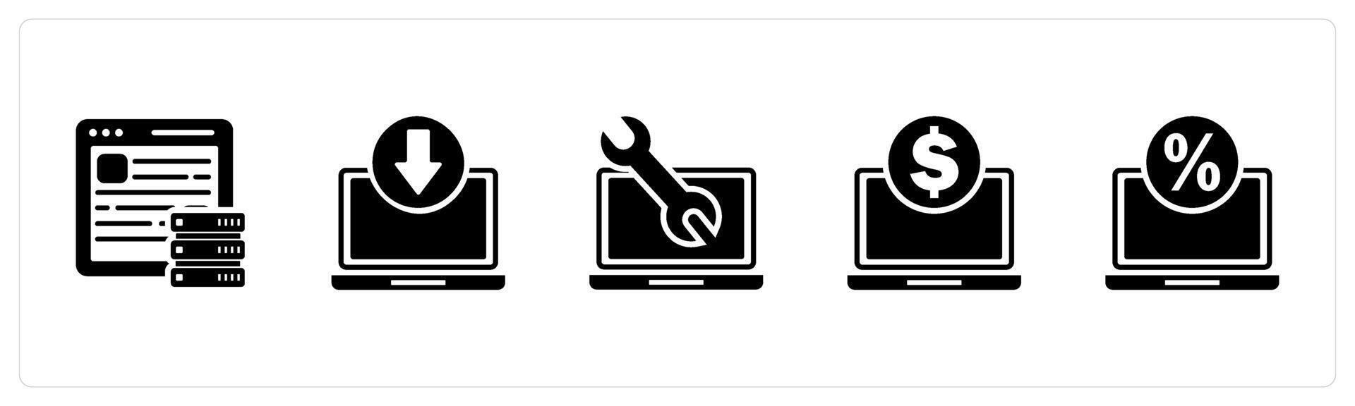 A set of 5 Internet icons as hosting, download laptop, laptop maintenance vector