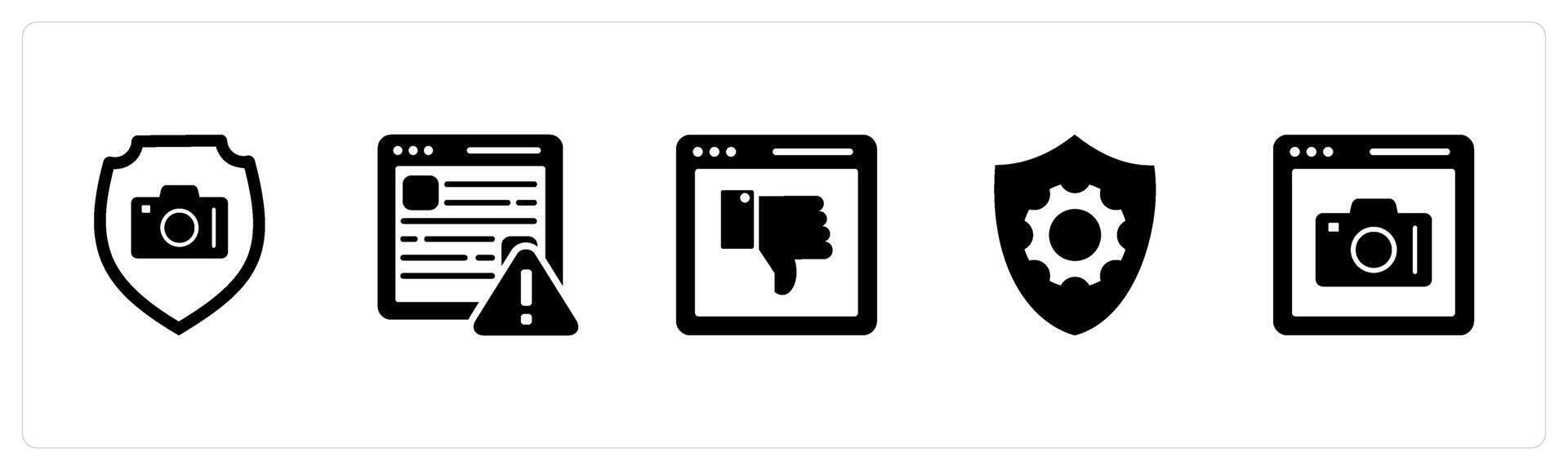 A set of 5 Internet icons as camera security, webpage maintenance, dislike webpage vector