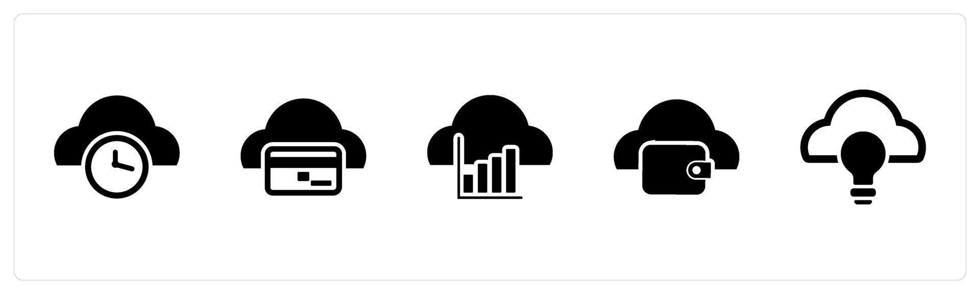 A set of 5 Internet icons as cloud time, cloud card, cloud statistics vector