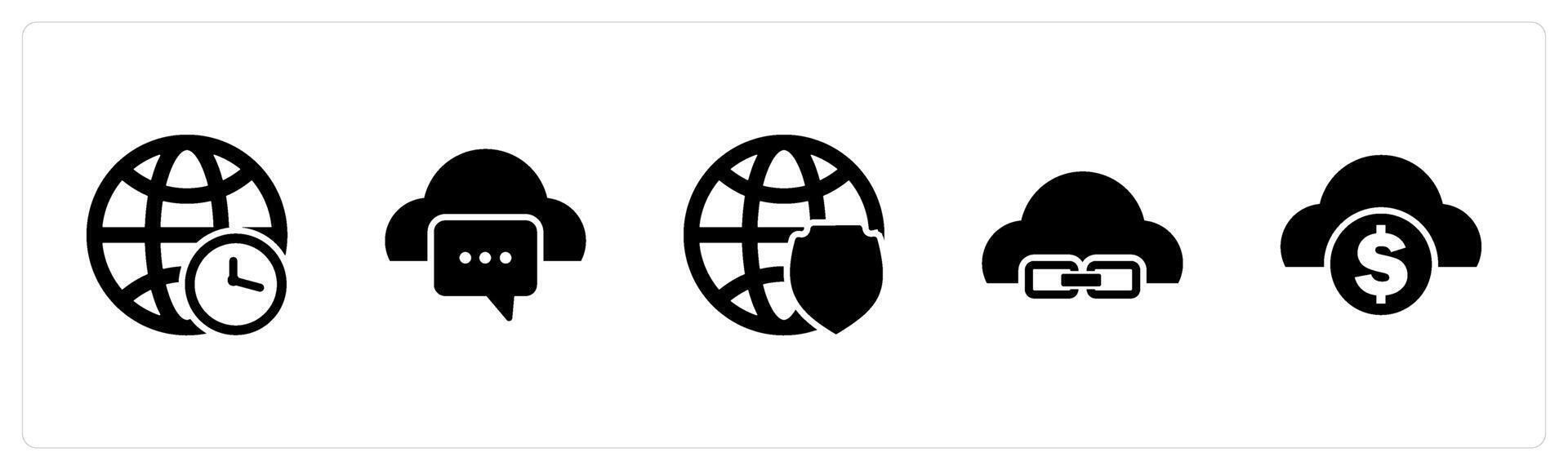 A set of 5 Internet icons as global time, cloud message, global security vector