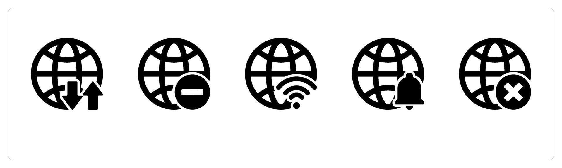 A set of 5 Internet icons as global synchronize, remove globe, global wifi vector