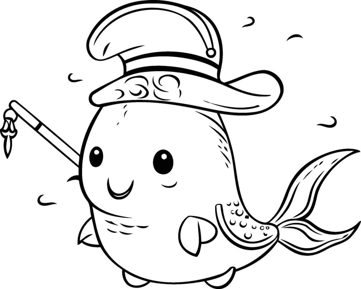 A cartoon fish with a hat and a fishing rod vector