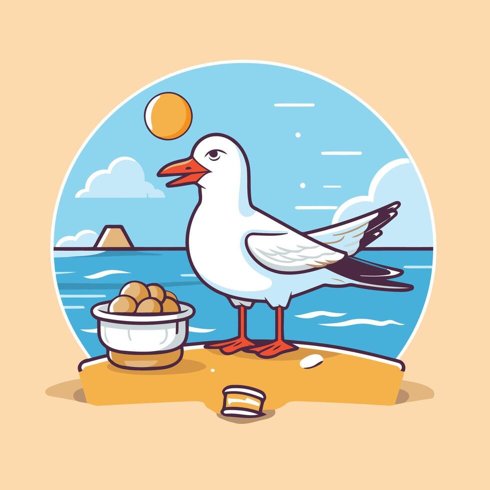 Seagull on the beach with a bowl of food vector