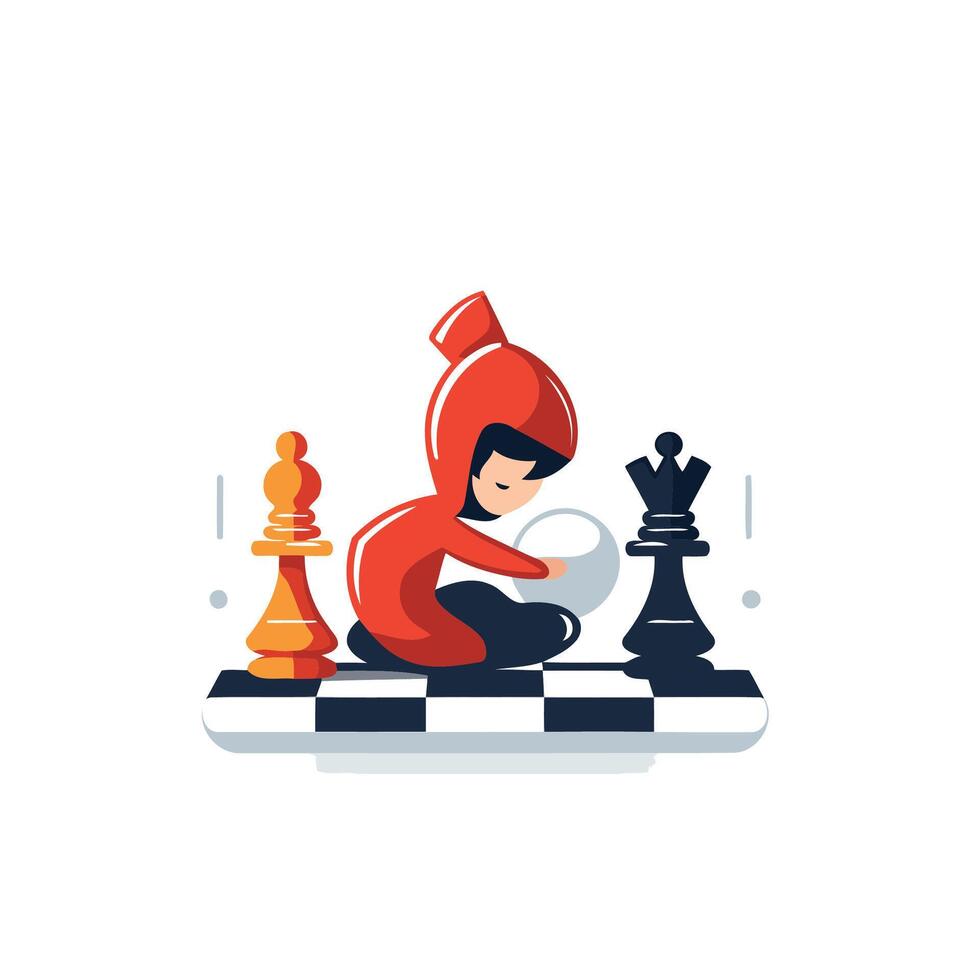 A girl in red is playing chess with a chess piece vector