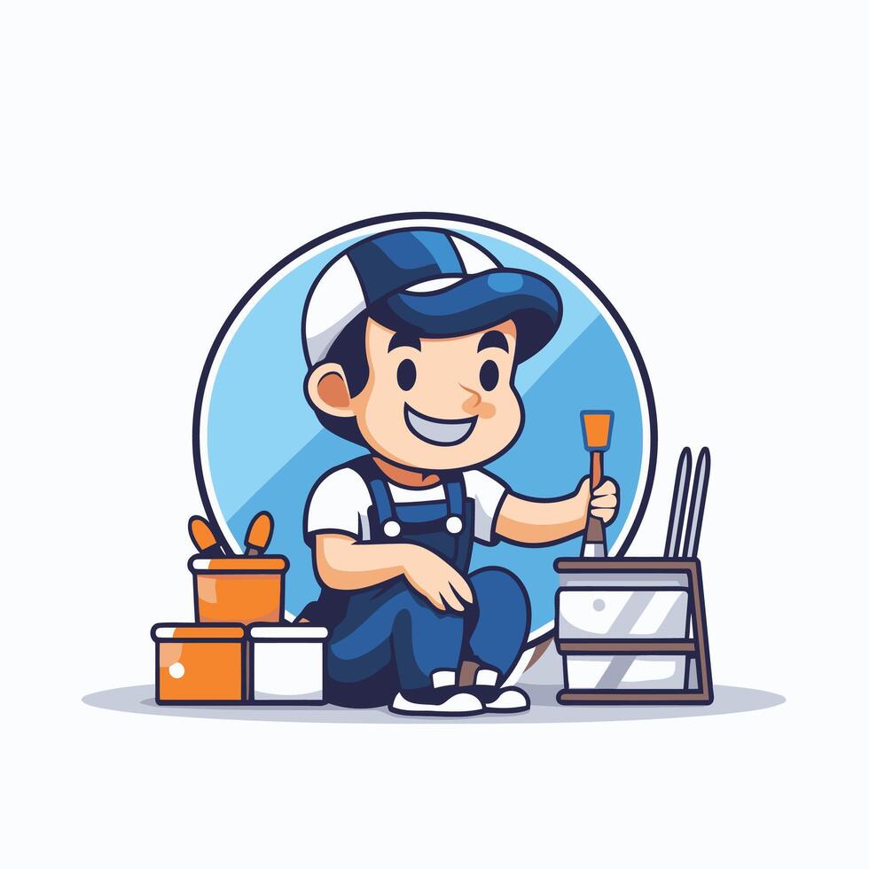 A cartoon man with a paintbrush and paint can vector