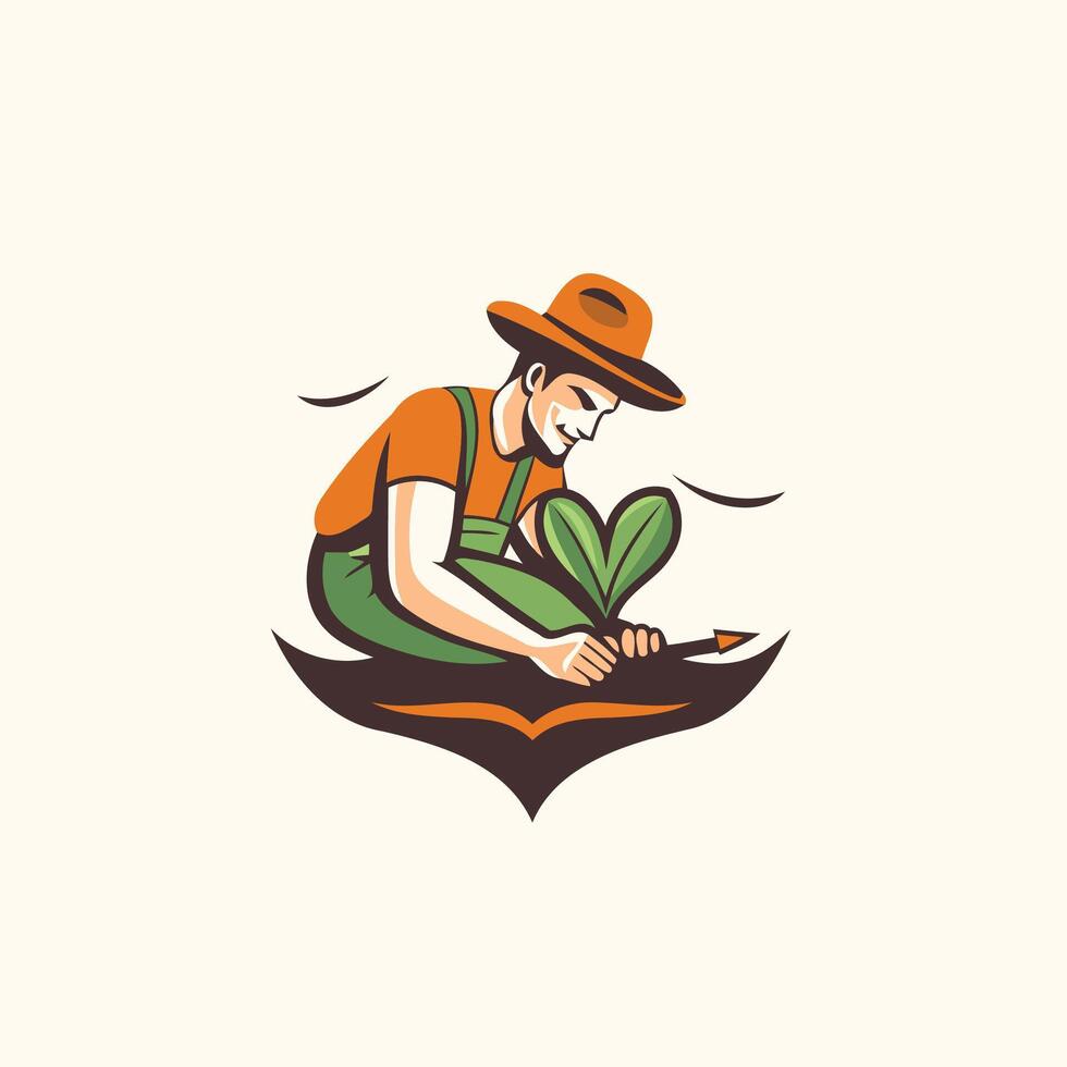 A man in a hat and overalls is planting a plant vector