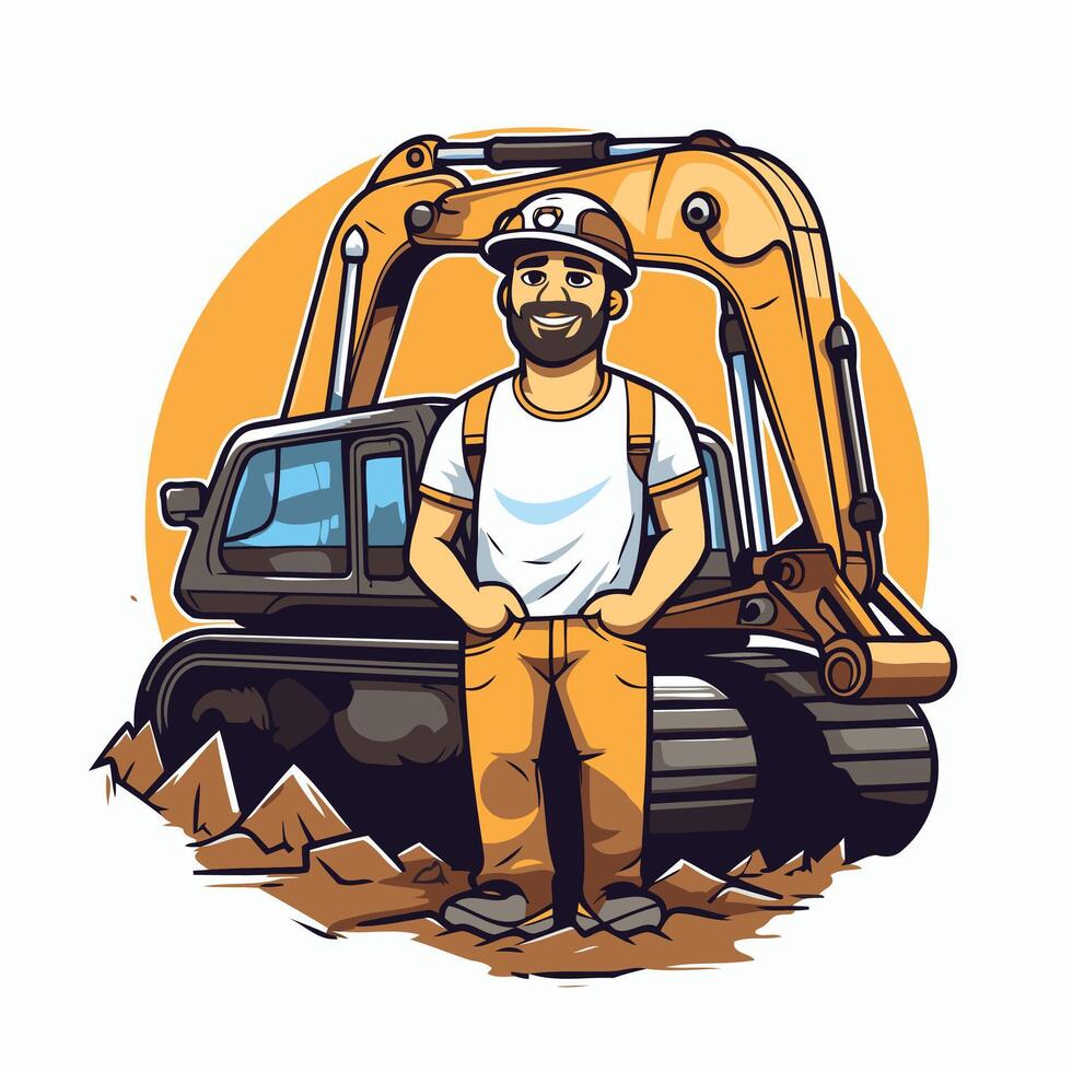 A man with a shovel and excavator standing in front of a bulldozer vector