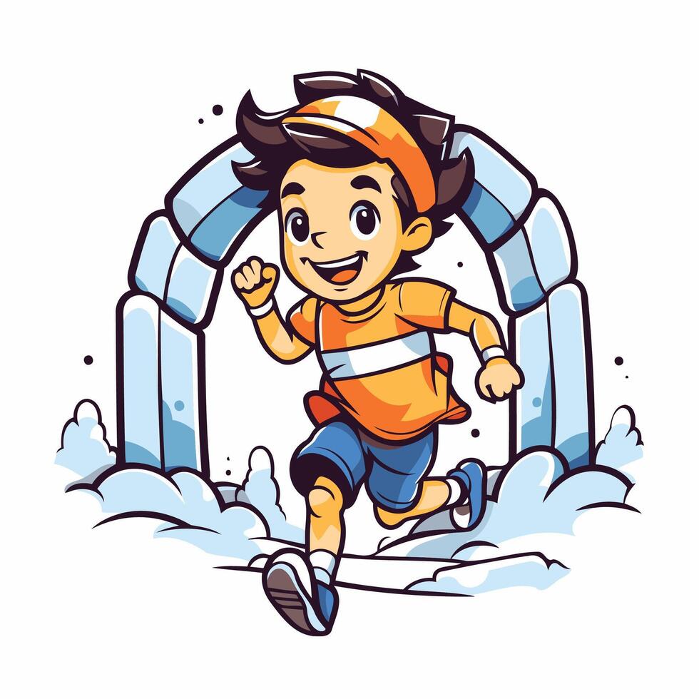 A cartoon boy running through an arch vector