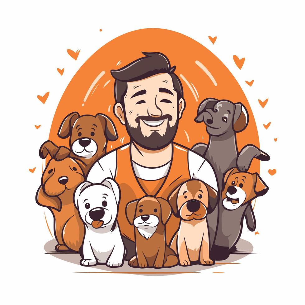 A man with dogs and hearts around him vector