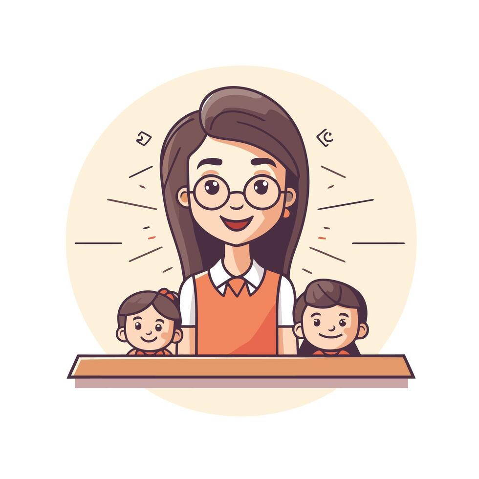 A woman with glasses and two children at the desk vector